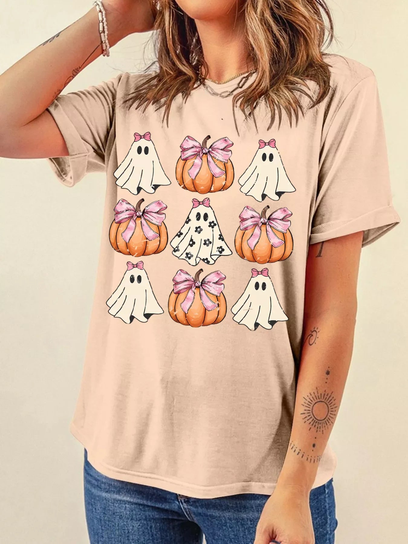 Bow Ghost and Pumpkin Halloween Graphic T-Shirt