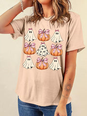 Bow Ghost and Pumpkin Halloween Graphic T-Shirt