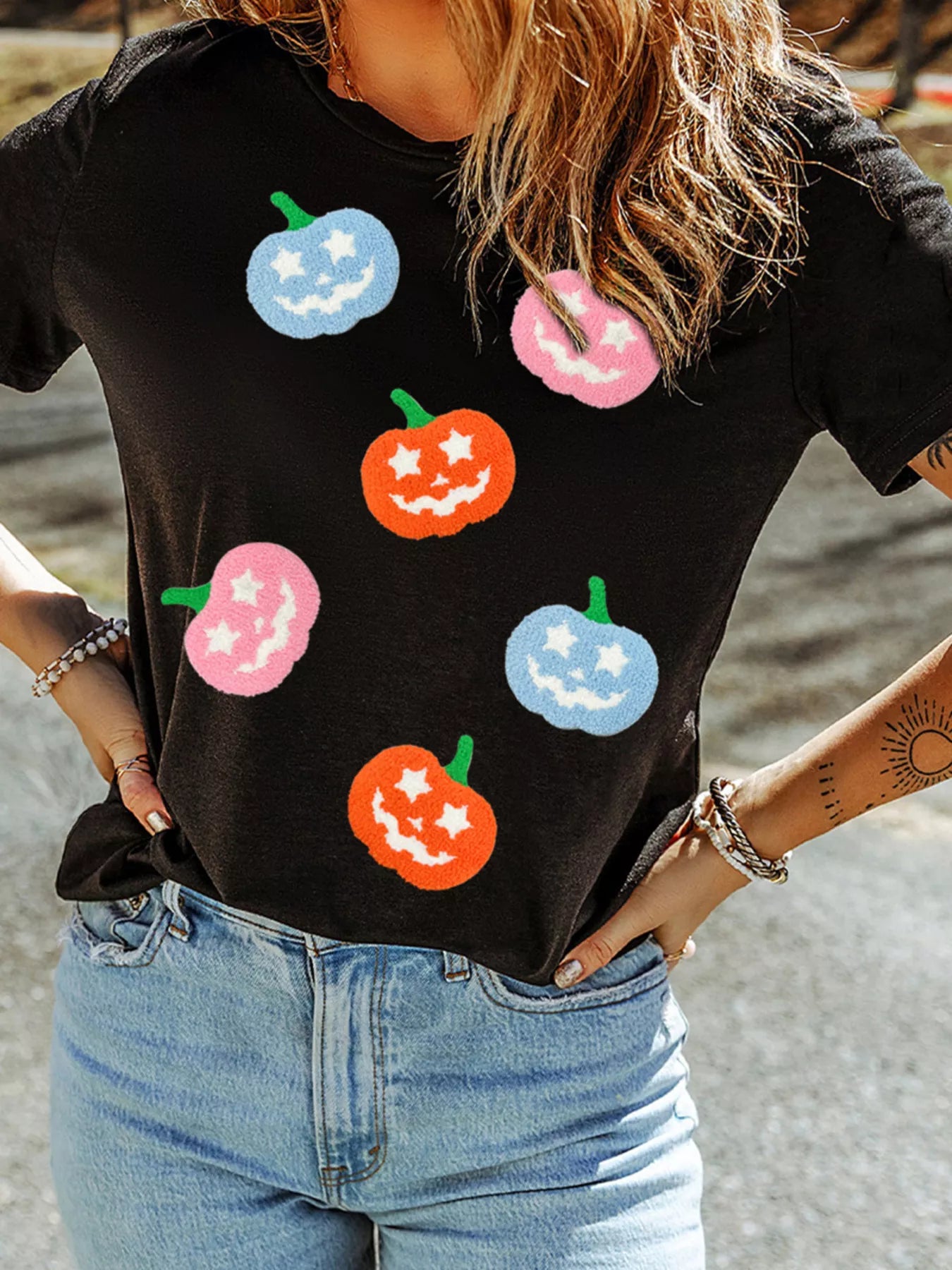 Chenille Pumpkin Halloween Graphic T-Shirt