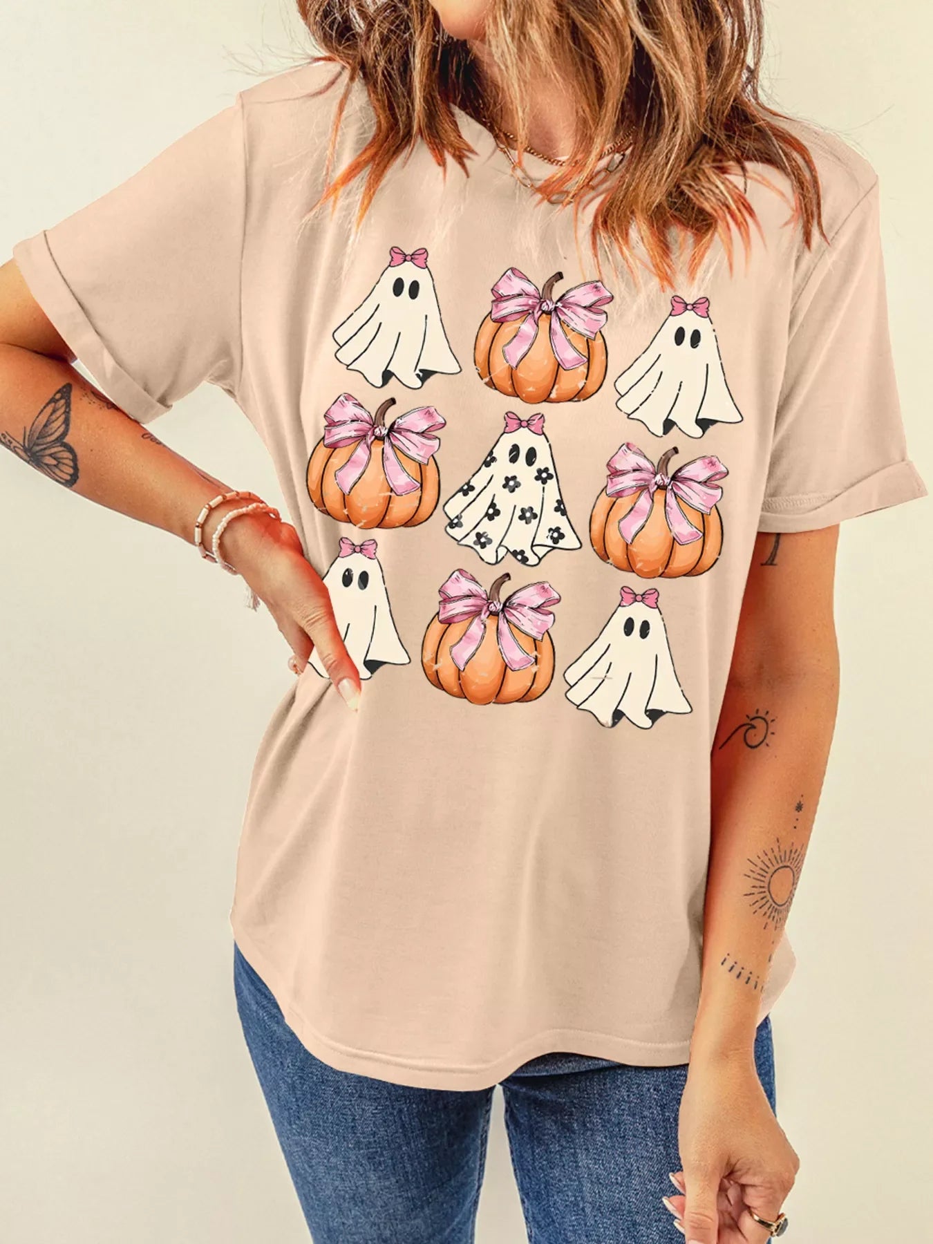 Bow Ghost and Pumpkin Halloween Graphic T-Shirt