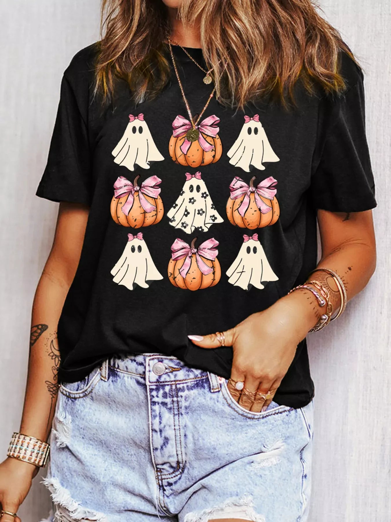 Bow Ghost and Pumpkin Halloween Graphic T-Shirt